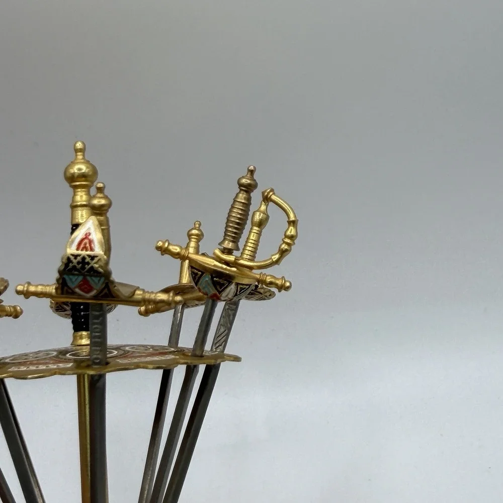 Vintage Toledo Sword Cocktail Toothpick Stand w/ 8 Swords Vintage Gold Spain